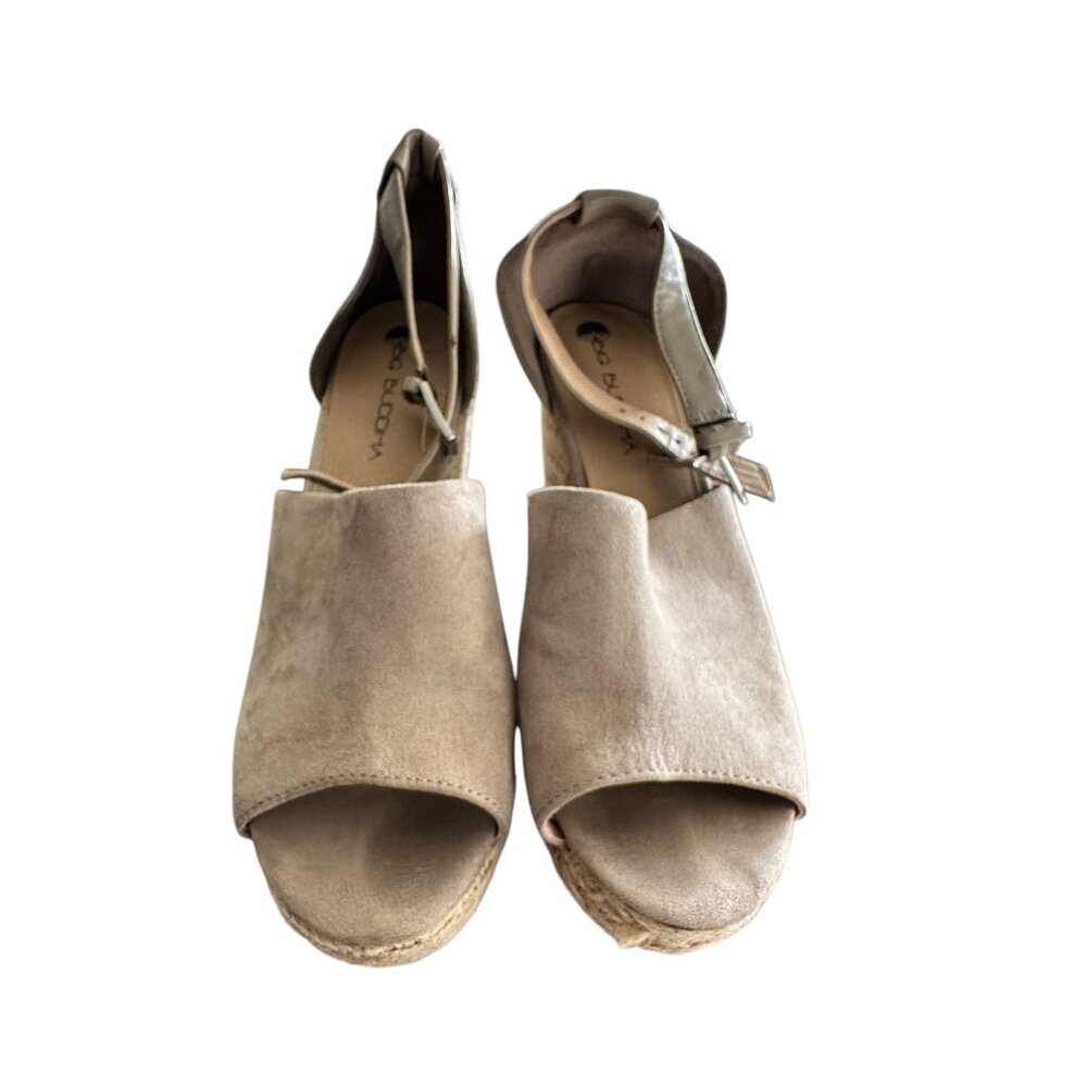 Peep-Toe Espadrille Wedge Sandals Size 40 Beige Faux Leather & Jute With Buckle